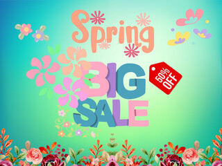 Spring Big Sale  Advertisement Banner  on the Green Background for Advertising, E-commerce, social media, social media post, 50% off, 50% discount
