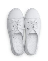 Top view of white leather sport shoes