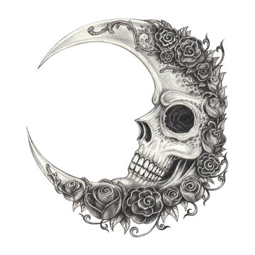 Fantasy moon skull.Hand drawing on paper.
