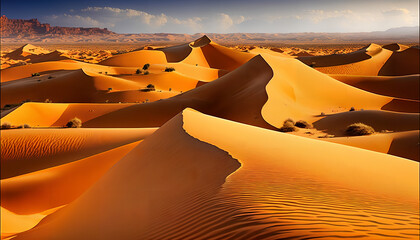 Fototapeta na wymiar Desert landscape with desert scene and mountain in the background, Generative by AI