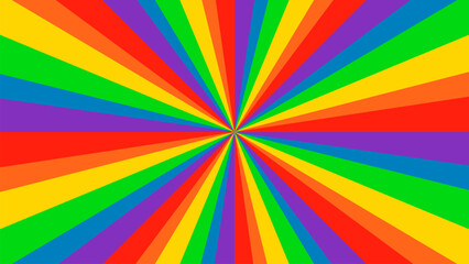 Background BG Rainbow Swirl Twisting Towards Center. LGBT Pride Multicolored Flag Movement. Comic Shining Ray Scene Freedom Event LGBTQ+ Parade.