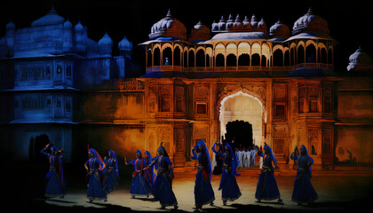 Obraz premium drawing of an Indian settlement at night, Generative by AI