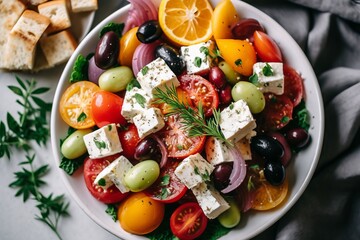 a homemade Mediterranean Greek salad with marinated feta cheese. Generative ai