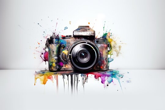 Camera and water splash on white background from generative ai