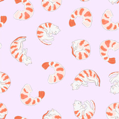 Seamless pattern with cats and shrimps. Vector graphics.
