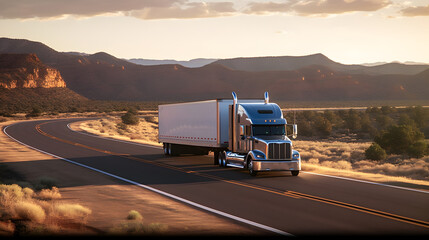 Vibrant Semi Truck on Open Road: Expansive Desert Mountain Landscape Backdrop