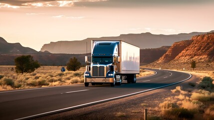 Vibrant Semi Truck on Open Road: Expansive Desert Landscape Backdrop