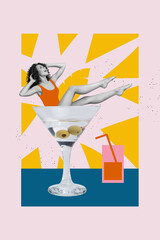 Vertical collage image of mini excited girl black white colors inside cocktail glass isolated on painted background
