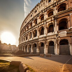 The famous historic Colosseum in Rome, with its iconic arches and intricate stone carvings.
