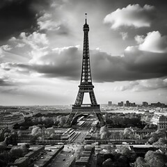 A classic black and white shot of the Eiffel Tower in Paris, with the city skyline in the background. 