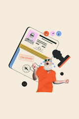 Vertical photo collage of cry stressed old man unhappy wear sunglass his visa document denied no...