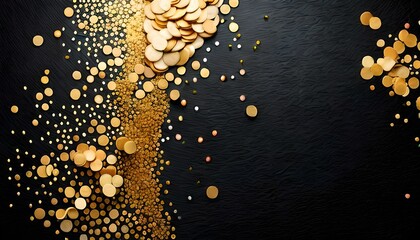 Gold color confetti on black background. Top view. Flat lay.