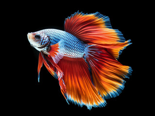Betta fish,Siamese fighting fish,Fighting fish.Capture the moving moment of red-blue siamese fighting fish,betta fish isolated on black background. 