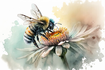 bee on flower in aquarelle style, ai generated - obrazy, fototapety, plakaty