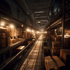 Fototapeta na wymiar Parcels moving on a conveyor belt in a sorting center, logistics and delivery concept. Generative AI