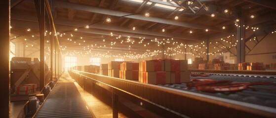 Parcels moving on a conveyor belt in a sorting center, logistics and delivery concept. Generative AI