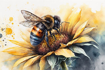bee on sunflower in aquarelle style, ai generated - obrazy, fototapety, plakaty