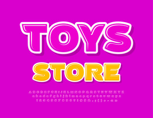 Vector bright Signboard Toys Store. Modern glossy Font. Creative set of Alphabet Letters and Numbers