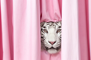 white tiger peeking from behind pink curtain, ai generated