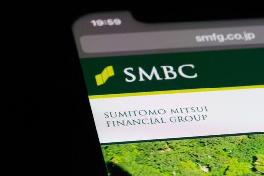 Shanghai,China-May 11th 2023: close up Sumitomo Mitsui Financial Group company brand logo on official website. Japanese banking and financial services institution