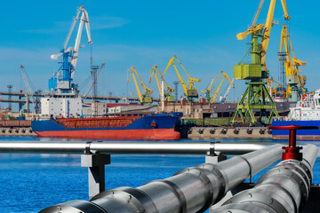 Pipes in seaport. Terminal for refueling ships with fuel. Cargo harbor on sunny day. Pipeline for...