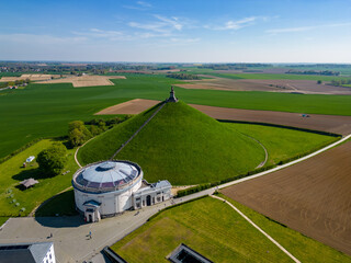 Aerial view farm field, Lion's Mound, Battle field, Napoleon, Waterloo, Belgium, green and sky,...