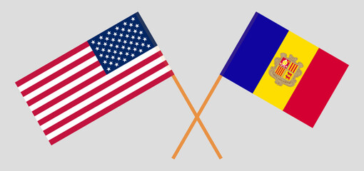 Crossed flags of the USA and Andorra. Official colors. Correct proportion