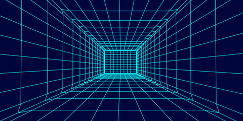 3D wireframe room on blue background. Abstract perspective grid. Vector illustration.