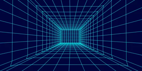 Foto op Canvas 3D wireframe room on blue background. Abstract perspective grid. Vector illustration. © Vitalii