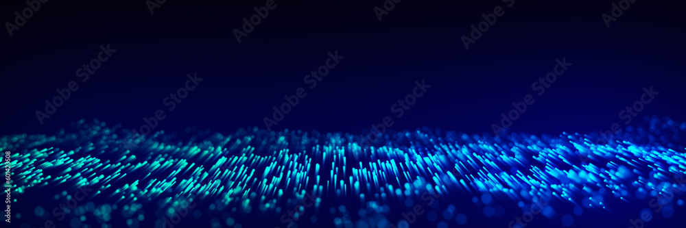 Poster dynamic blue particle wave. futuristic point wave. flow digital structure. data technology backgroun