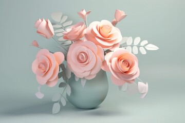 3d bouquet of pink roses on pastel blue background. AI generated