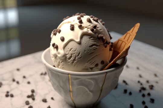 3d vanilla ice cream with chocolate chips and waffle. AI generated
