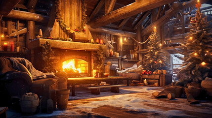A rustic winter scene, with a cozy fireplace, surrounded by rough wood textures, lit by warm, flickering light to create a cozy and inviting atmosphere, Created with generative Ai Technology.

