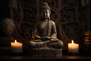 An ancient Buddha statue is enveloped in an ethereal ambiance, serenely surrounded by the soft flickering of candlelight. Generative AI
