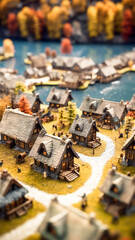 Miniature old traditional Nordic village with wooden houses. Created with Generative AI technology.