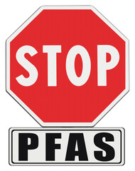 Stop dangerous PFAS per-and polyfluoroalkyl substances used in products and materials due to their enhanced water-resistant properties - Concept with stop road sign