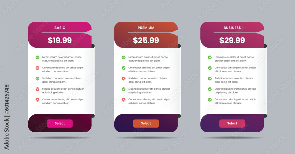 Canvas Prints modern pricing comparison table for product or business service subscriptions