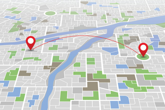 City navigation perspective map with two point directional pin