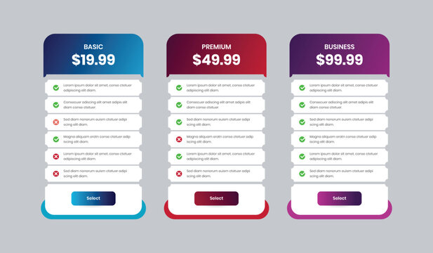 Product or service subscription comparison pricing list design template