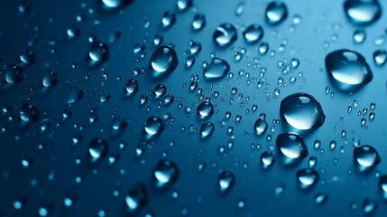 Water drops on smooth surface, blue background. Generative ai
