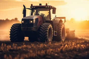 Farm tractor working on the field in the morning. Agriculture and farming generic illustration. Created with Generative AI technology. - obrazy, fototapety, plakaty