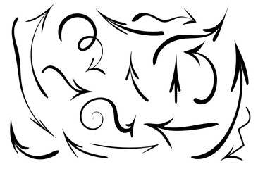 Set of vector hand drawn curved arrows. Sketch in doodle style. Collection of pointers. Black arrows on a white background