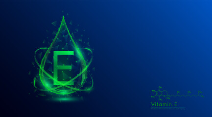 Vitamin E drop green low poly and structure chemical formula. Medicine science innovative. Multivitamins complex collagen supplement skincare anti aging. Cosmetics nutrition banner design. Vector.