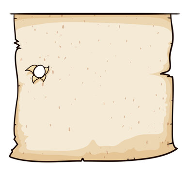 Aged parchment paper template with bullet hole in cartoon style, Vector illustration