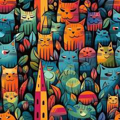 Obraz premium Cats in a forest seamless repeat pattern - fantasy colorful cubism, abstract art, trippy psychedelic [Generative AI] 