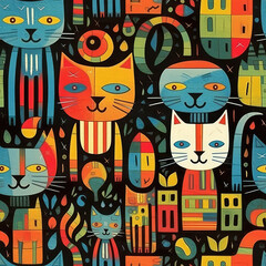Cats in a forest seamless repeat pattern - fantasy colorful cubism, abstract art, trippy psychedelic [Generative AI]

