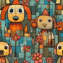 Cute dogs seamless repeat pattern - fantasy colorful cubism, abstract art, trippy psychedelic [Generative AI]
