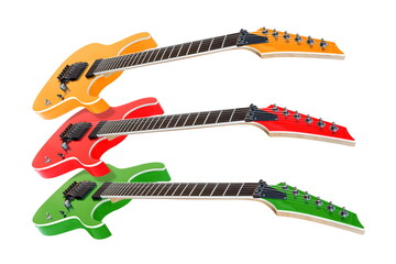 three colored guitars isolated on white