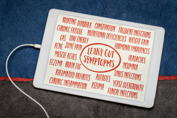 leaky gut symptoms - word cloud on a digital tablet, digestive health concept