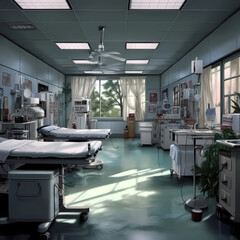 A hospital room with a bed and a lamp on the wall AI generative